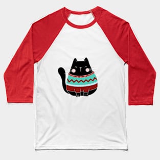 Black kawaii cat in Christmas sweater Baseball T-Shirt